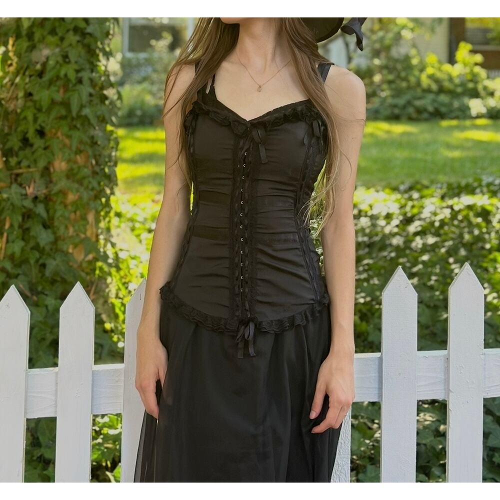 Vintage Y2K 90s Funhouse Ribbon Black Corset Top